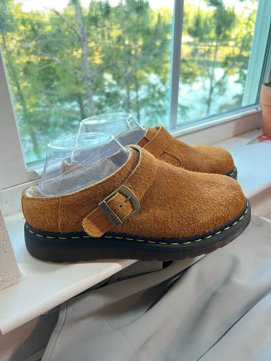 Dr. Martens Shoes - Dr. Doc Martens Isham Faux Shearling Brown Suede Mules Women’s Size 8 Men's 7